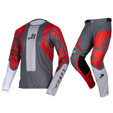 Just1 | J-Essential Youth MX Gear Set | Grey/Red/White/Black | Size: Pant 26 / Jersey L