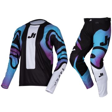 Just1 | J-Essential Youth MX Gear Set | Black/Blue/White/Purple | Size: Pant 24 / Jersey M